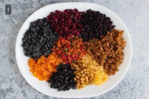 Chopped dry fruits in a white tray