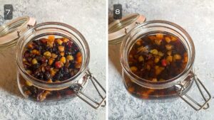 Add more rum as needed to keep the dry fruits submerged under alcohol at all times
