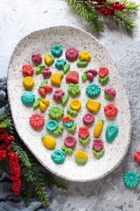 Eggless marzipan served in a white speckled platter