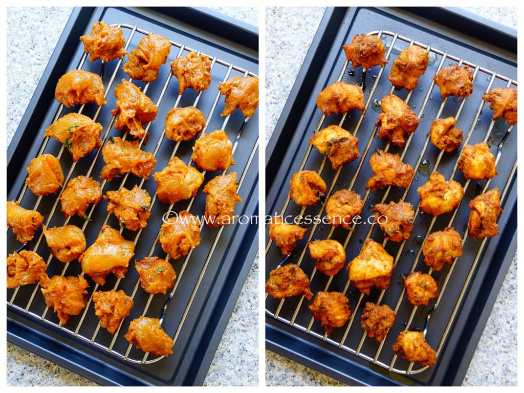 Place the chicken pieces on a greased wire rack above a baking tray.