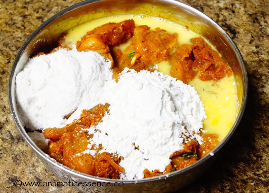 add in the beaten egg, cornstarch, and rice flour