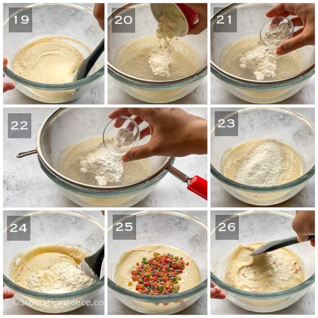 Flour, baking powder, baking soda, and tutti frutti added to the semolina batter and mixed well