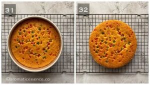 Baked rava cake cooling on the rack
