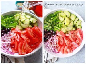 Adding red wine vinegar and oregano to veggies