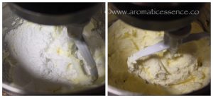 adding the 4th cup of powdered sugar to butter-sugar mixture