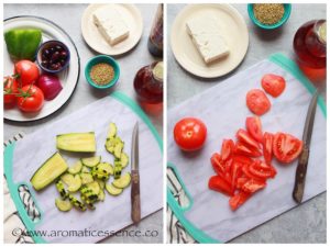 preparing tomatoes and cucumber for Greek Salad