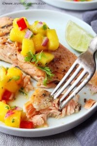 Pan-seared salmon with mango salsa.