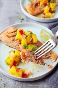 Flaky salmon with mango salsa.