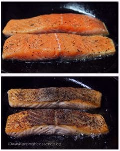 Salmon cooked in a cast-iron skillet.