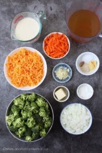 Ingredients for pressure cooker broccoli cheese soup