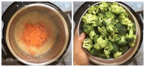 Add shredded carrots and broccoli florets.
