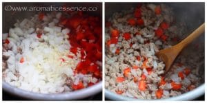 Add chopped onions, red bell peppers, garlic