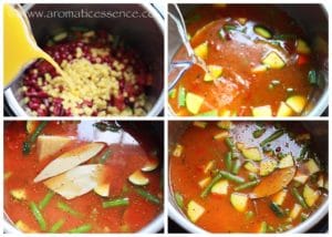 Add veg stock or broth and water, along with parmesan rind, and 2 bay leaves.