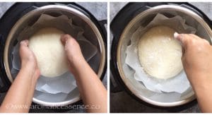 Transfer the dough to the parchment paper, sprinkle some flour.