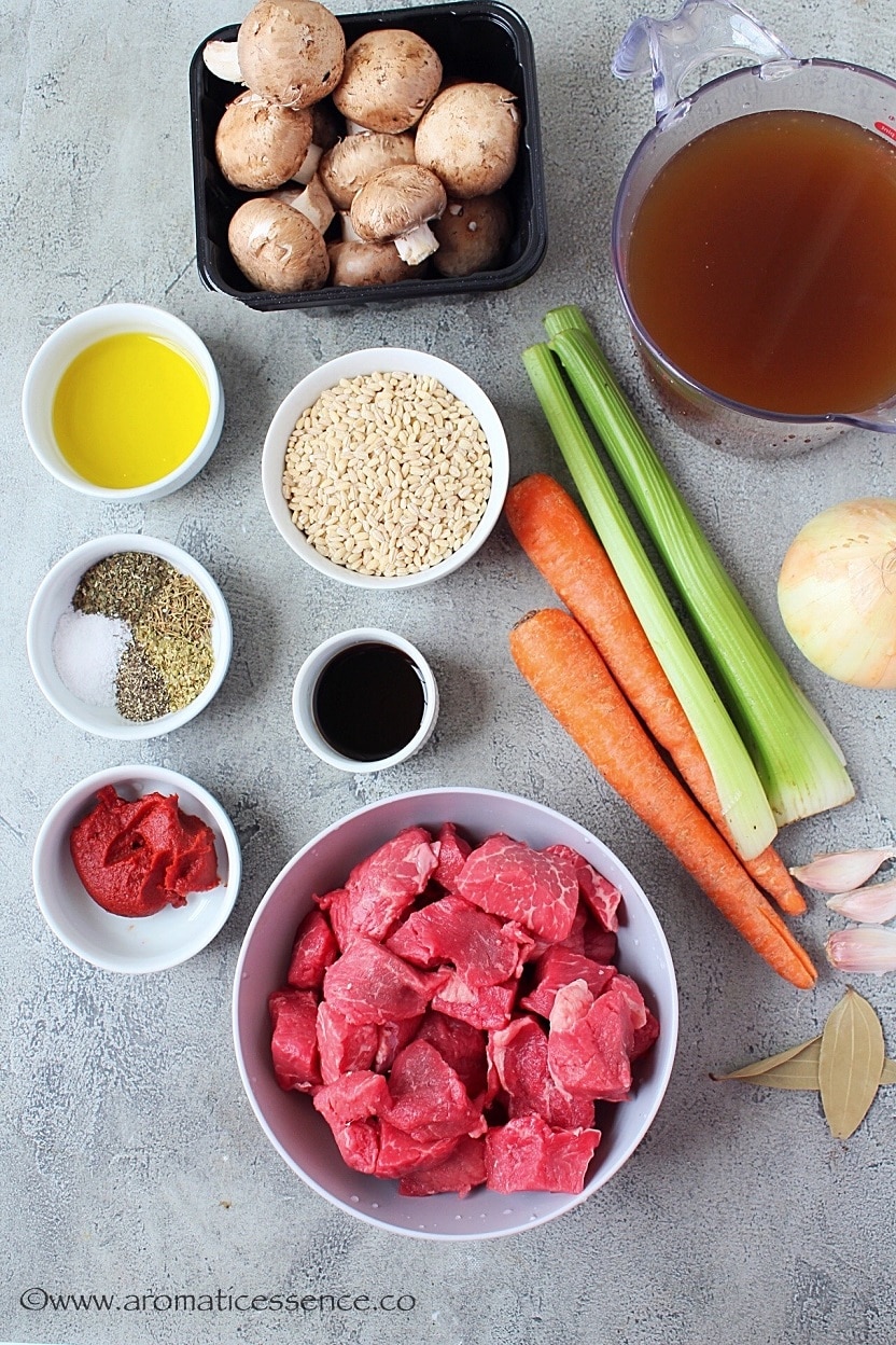 Ingredients for pressure cooker beef barley soup