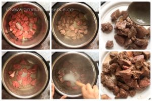 Brown the beef cubes.