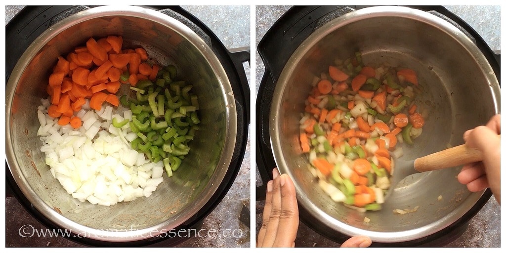 Saute diced onions, carrots, and celery