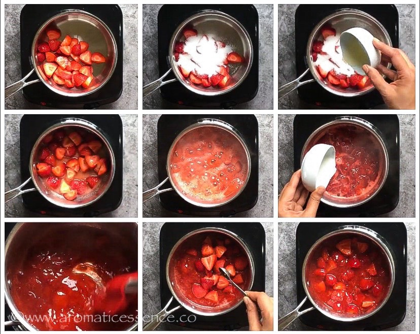 step-by-step pictorial to make strawberry sauce with fresh strawberries