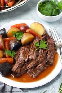 Shredded pot roast with veggies served in a white plate