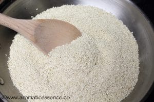 Toast sesame seeds in a wide, heavy-bottomed skillet