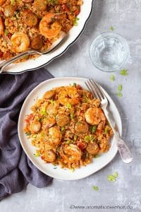 Pressure cooker jambalaya served in a white plate