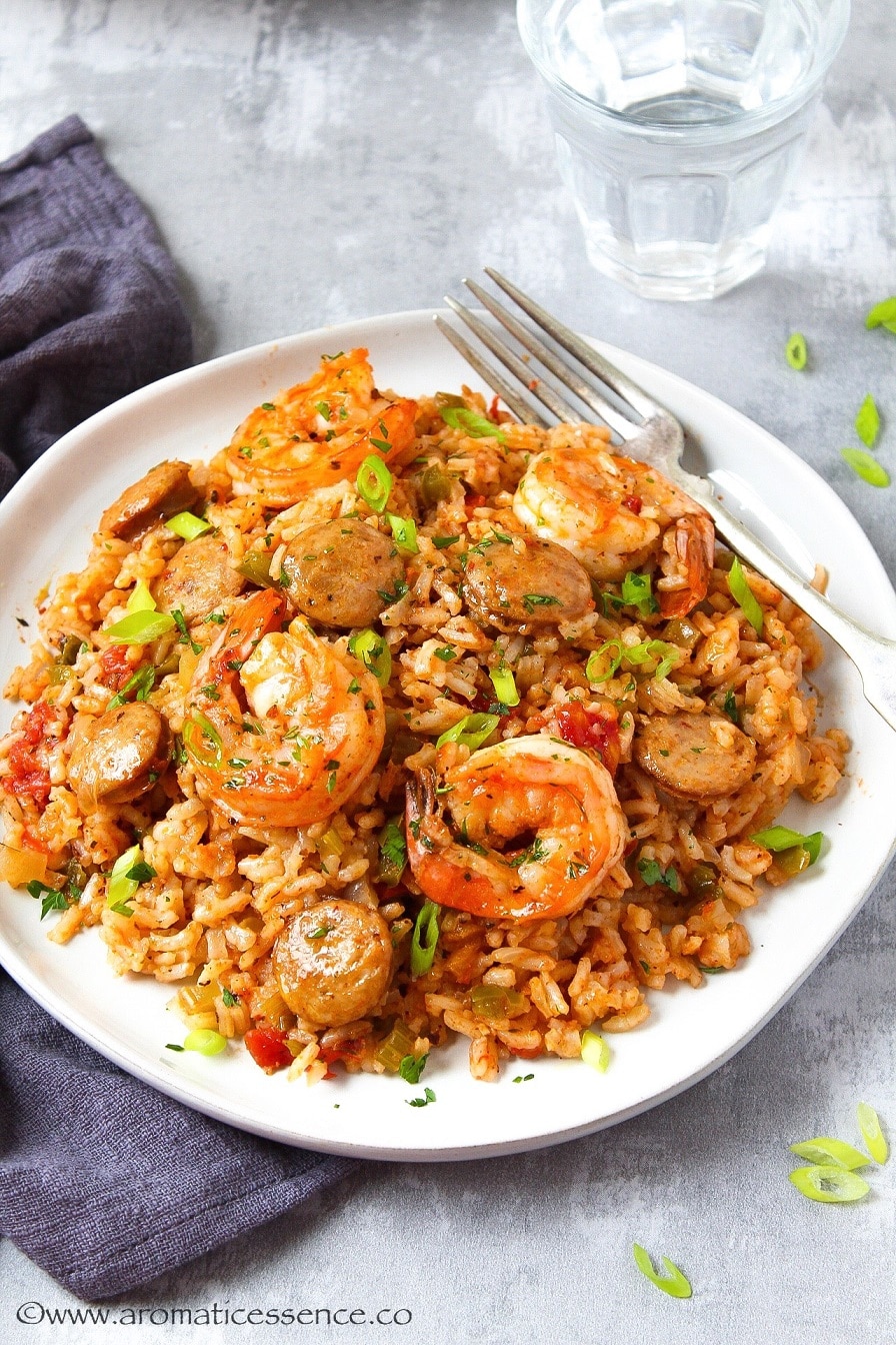 Instant Pot jambalaya served in a white plate