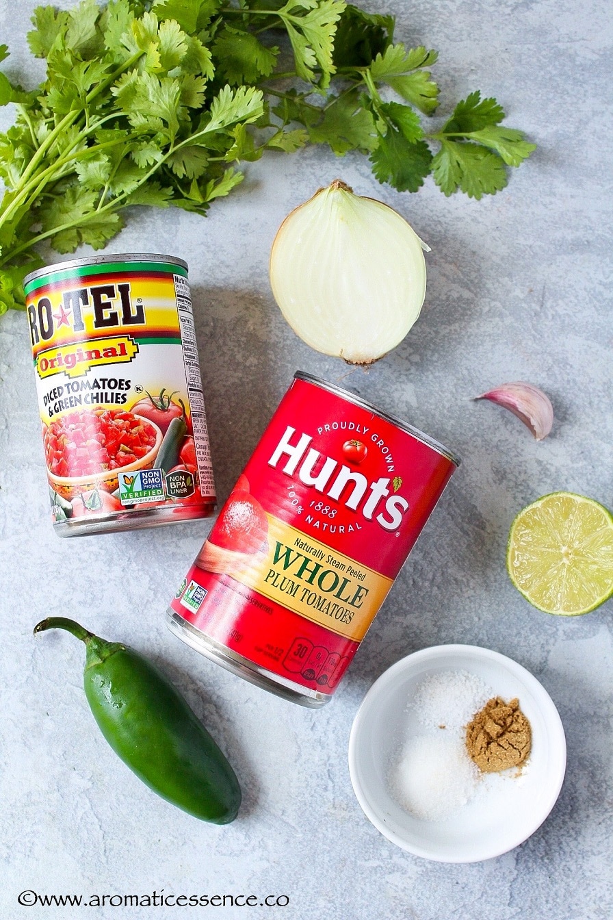 Ingredients for restaurant style salsa with canned tomatoes 