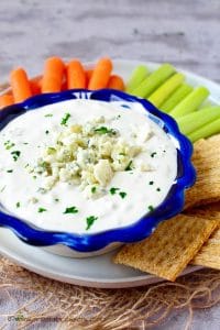 Blue cheese dip served in a white bowl.
