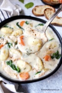 Creamy chicken and gnocchi soup on a spoon