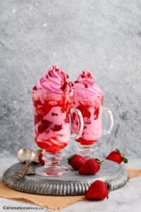 Strawberry cream, macerated strawberries, strawberry ice cream layered in serving glasses