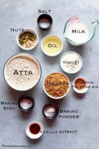 Pictorial of ingredients for eggless atta cake