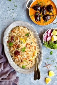 Bagara rice served in an oval pewter tray