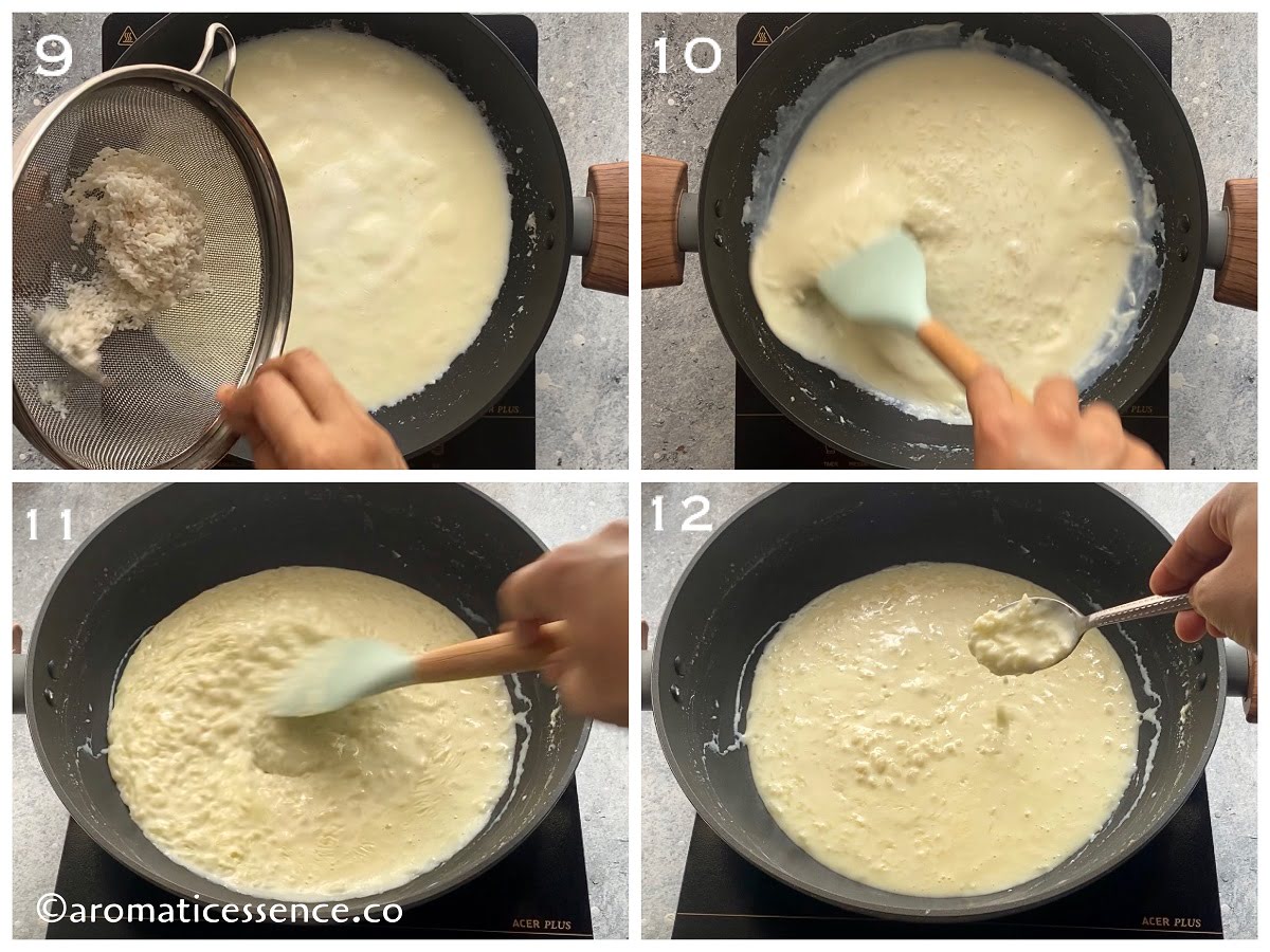 Drained rice added to milk and cooked until the milk thickens