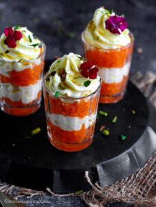 Three motichoor parfaits served in shot glasses