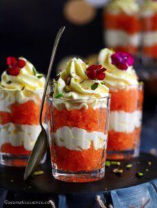 Motichoor saffron cream parfait garnished with edible flowers