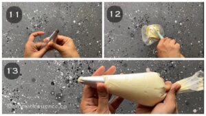 Safffron whipped cream transferred to a piping bag fitted with a star nozzle