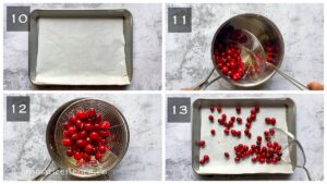Cranberries left to dry on a baking tray lined with parchment paper