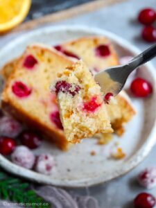 Piece of cranberry bread on a fork