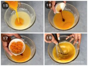 Orange juice, vanilla extract and orange zest added to the bowl