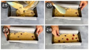 Batter transferred to the loaf pan and topped with reserved cranberries