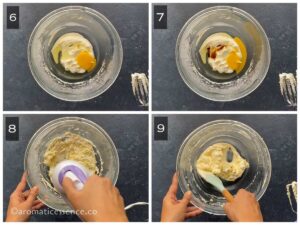 Egg and vanilla added to creamed butter-sugar mixture