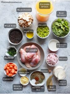 Ingredients needed for wild rice chicken mushroom soup