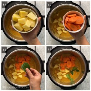 Add potatoes, carrots, and kaffir lime leaves