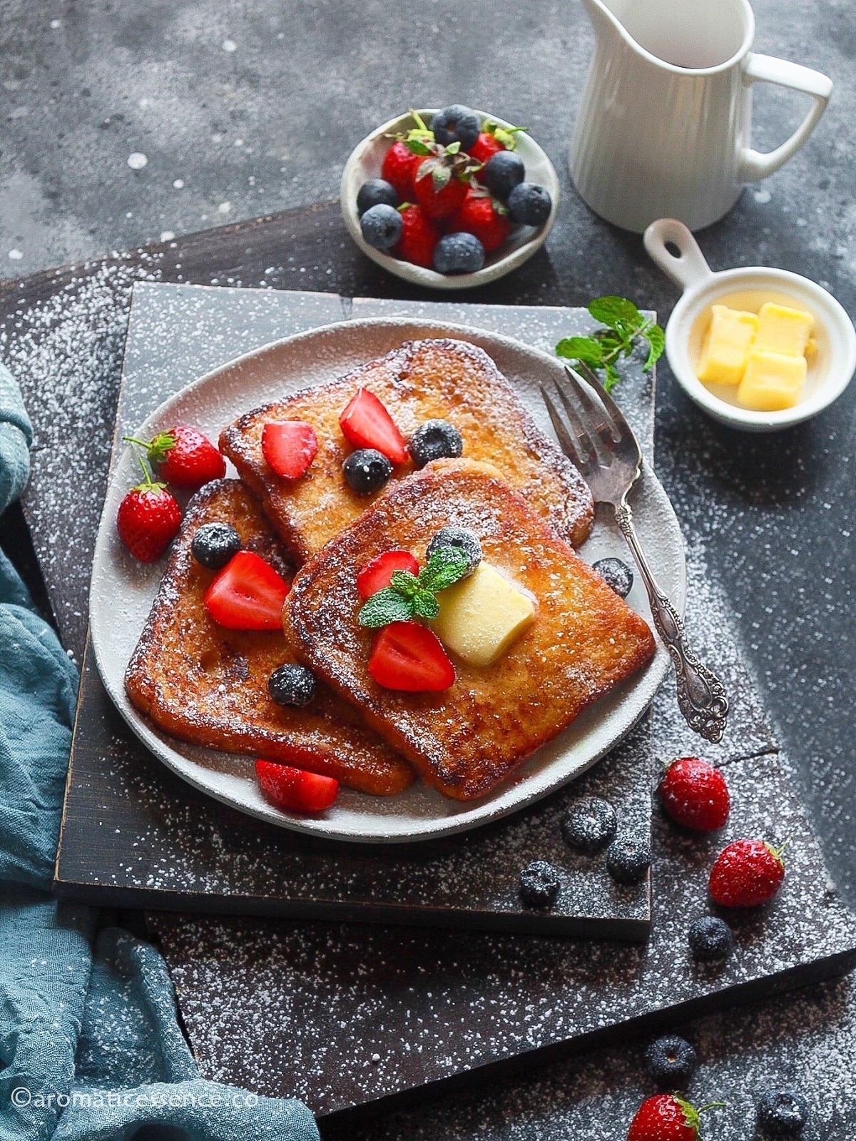 Maple syrup drizzled over eggless French toast