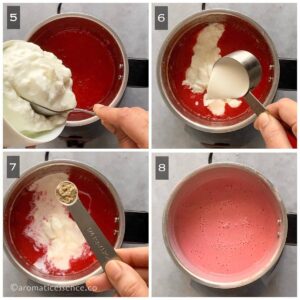Yogurt, milk, and cardamom powder added to strawberry puree