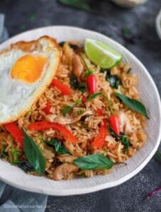 Close-up shot of Thai basil fried rice