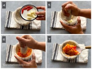 Pound chiles and garlic in a mortar and pestle