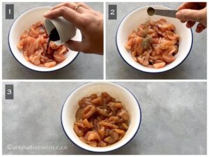 Marinate chicken pieces with light soy sauce and black pepper powder