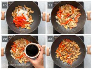 Onions, red bell peppers, and sauce mixture added to the chicken