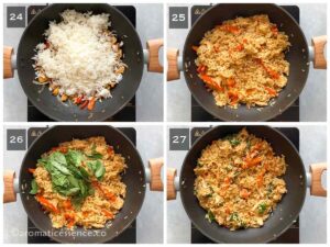 Rice and Thai basil leaves tossed with the contents in the wok
